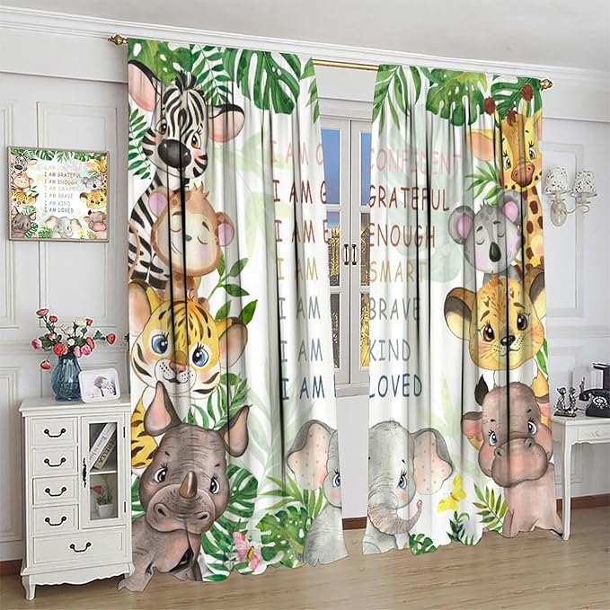 Cartoon Safari Animal Curtains Cute Watercolor Wildlife Jungle Window Treatments for Kids Boys Girls Bedroom Living Room Inspirational Motivational Quotes Nursery Children Drapes W42xL45
