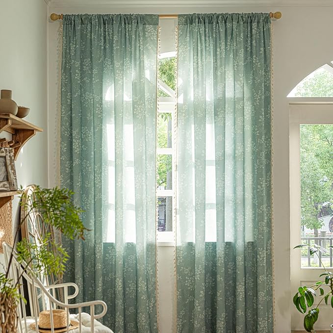 ENJOYBRIDAL Floral Curtains 84 Inches Long Sage Green Farmhouse Drapes Living Room Bedroom Semi Sheer Rod Pocket Window Curtain Panels Floor Length Rustic Boho Retro 2 Panel Sets Window Treatments