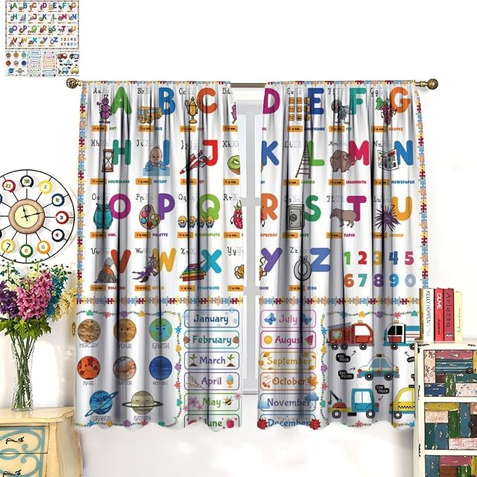 Alphabet Curtain for Kids Room ABC Letter Educational Learning Animal Number Printed Rod Pocket Blackout Window Drapes for Bedroom Playroom Classroom 84" W X 84" L