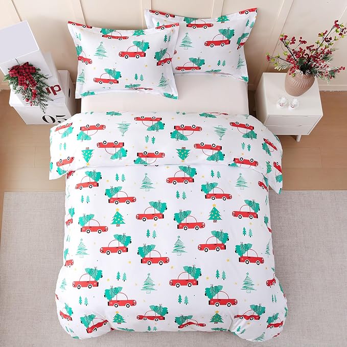 JSD Red Cars Kids Christmas Duvet Cover Set Queen Size, 3 Piece Xmas Comforter Cover with Pillow Sham Zipper Closure, Comforter Not Included