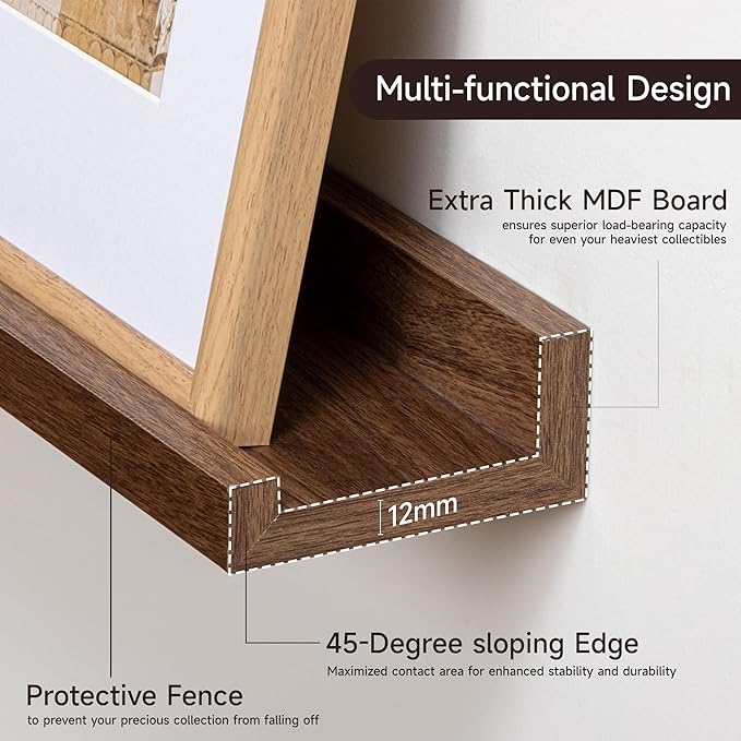 Fun Memories Picture Ledge Shelf for Wall, Floating Shelves Set of 4, 24 Inch Long Nursery Book Shelves for Toys Storage, Kids Bookshelf Wall Mounted for Books Photo Frames, Walnut