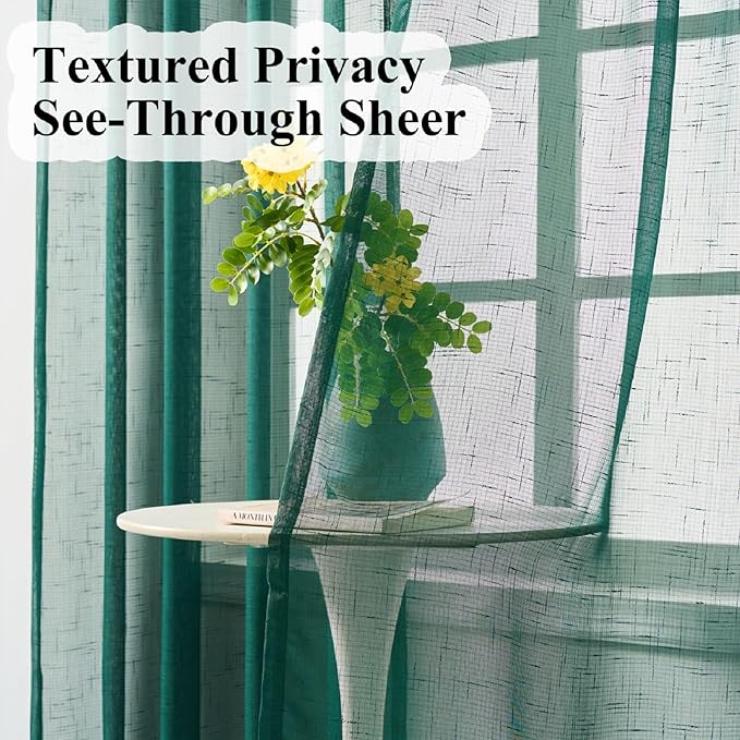 Emerald Green Curtains Sheer 102 Inch Long, Dark Linen Look Textured Light Filtering Drapes, Hunter Green Transparent Window Decor, Floor to Ceiling Pinch Pleat Curtain with Hooks