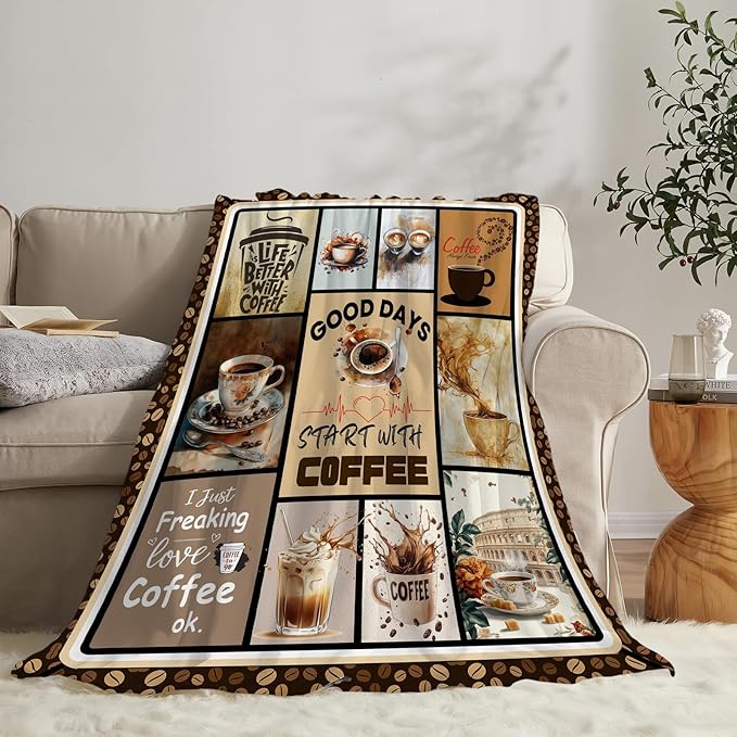 Coffee Blanket Vintage Drink Cup Throw Blankets Gifts for Girls Boys Kids Warm Soft Lightweight Flannel Coffee Bean Plush Throws Fleece Bedding Stuff for Men Women 80"x60"