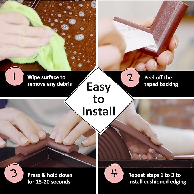 Baby Proofing Edge and Corner Guard Protector Set for Back to School, 20.4 ft Edges & 8 Foam Corners, Furniture and Table Child Baby Proof Bumpers, Pre-Taped Corner Cushions-Coffee Brown