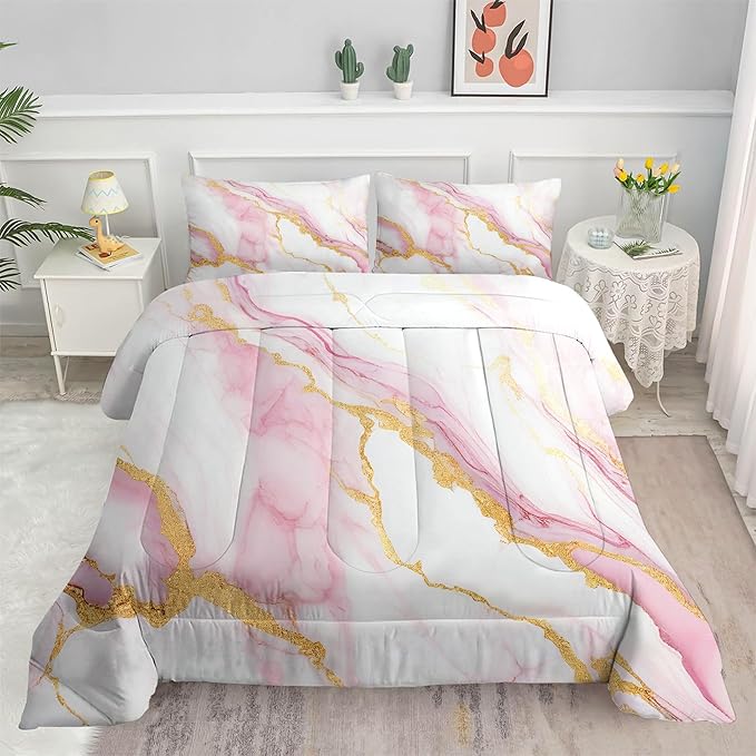 Girls Queen Comforter Set: Pink Marble Bedding Set Queen Size for Teen Girl Women Pink and Gold Abstract Marbling Bed Set Luxury Soft Quilt 1 Comforter & 2 Pillowcases