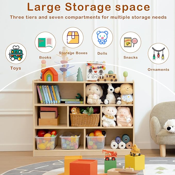 Montessori Shelf 7-Section Toy Storage Shelf 30in Birch Wood Kids Bookshelf Classroom Storage Shelves Low Bookcase Book Shelf for Kids Room Nursery Playroom Daycare Preschool, Natural