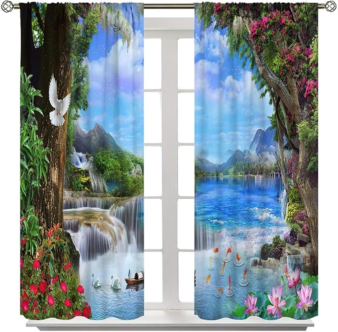 Spring Jungle Waterfall Blackout Window Curtains, Tropical Rainforest Floral Tree Waterfall Landscape Print Window Drapes, for Living Room Bedroom 42x54in 2 Panels