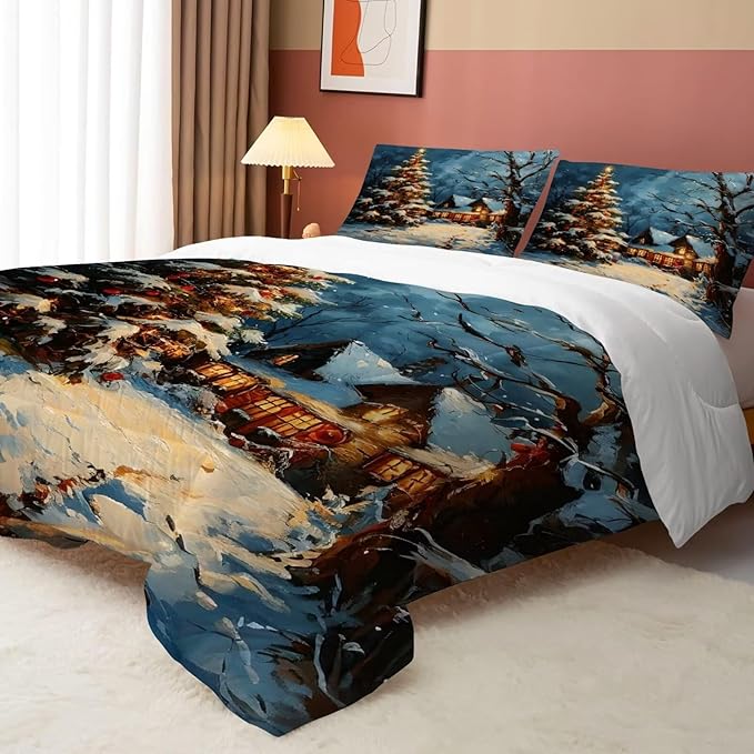 Christmas Comforter Set Full: Christmas Tree Bedding for Girls Bedroom Winter Scenery Festival Xmas Quilt Set Women Teens 1 Comforter & 2 Pillowcases