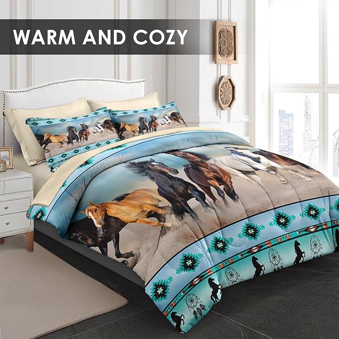 7 Pcs Full Size Comforter Set with 2 Pillowcases & 2 Shams, Horses Western Bedding for Kids and Adults, Tribal Sunset Run Bed in a Bag with Flat Fitted Sheet