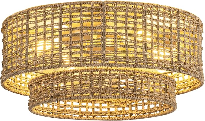 Boho Fandelier Ceiling Fan with Light,Rattan Caged Ceiling Fan with Light and Remote Control,Enclosed 6 Speeds for Bedroom, Living Room,Kitchen