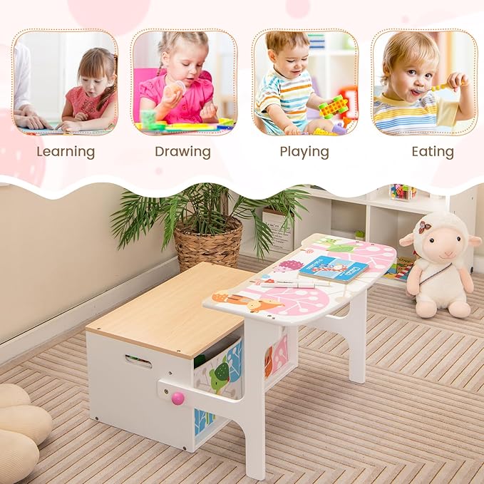 HONEY JOY Kids Table and Chair Set, 3-in-1 Convertible Wooden Toy Storage Bench with Handle, 2 Bins for Kids Reading Nook, Toddler Table and Chair Set for Daycare Playroom Classroom (White)