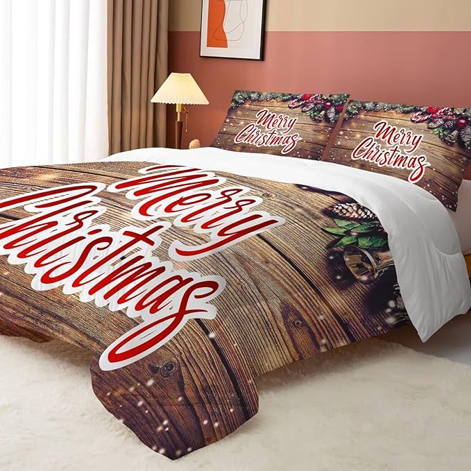Christmas Comforter Set Full: Christmas Wood Grain Bedding Festival Gift Xmas for Kids Girls Women Teens Bedroom Quilt Set 1 Comforter & 2 Pillowcases