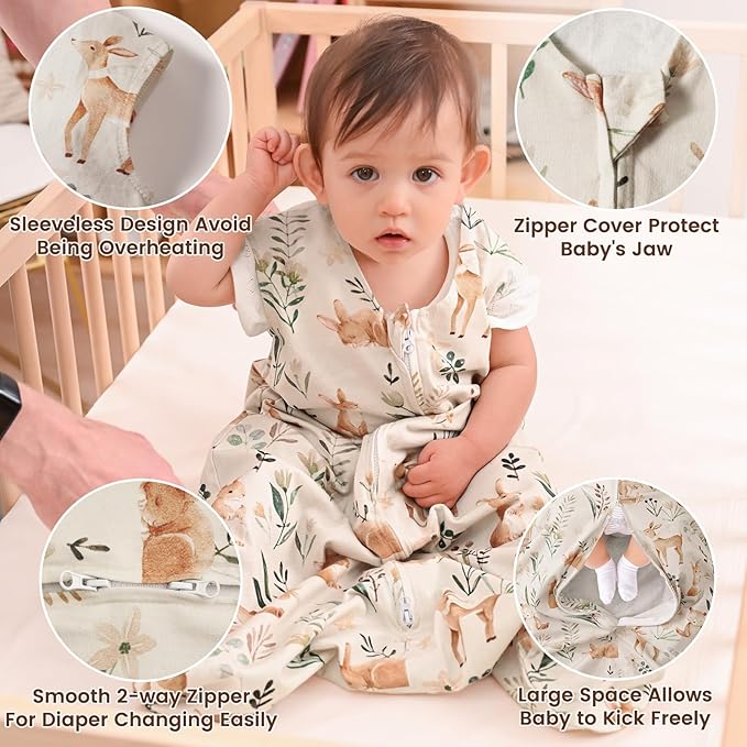 PHF Soft Baby Sleep Sack 6-12 Months 100% Organic Cotton Wearable Blanket, 2-Way Zipper 0.5 TOG Toddler Sleeping Sack 3 Pack, Comfy Sleep Bag for Baby Boys Girls, Woodland (Medium)