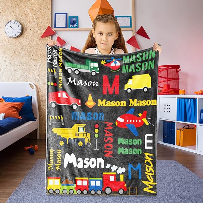 Personalized Blanket with Name for Boys, Custom Name Blanket City Car Transport, Soft Flannel Teen Blankets Customized Gift for Birthday Christmas-50x60in