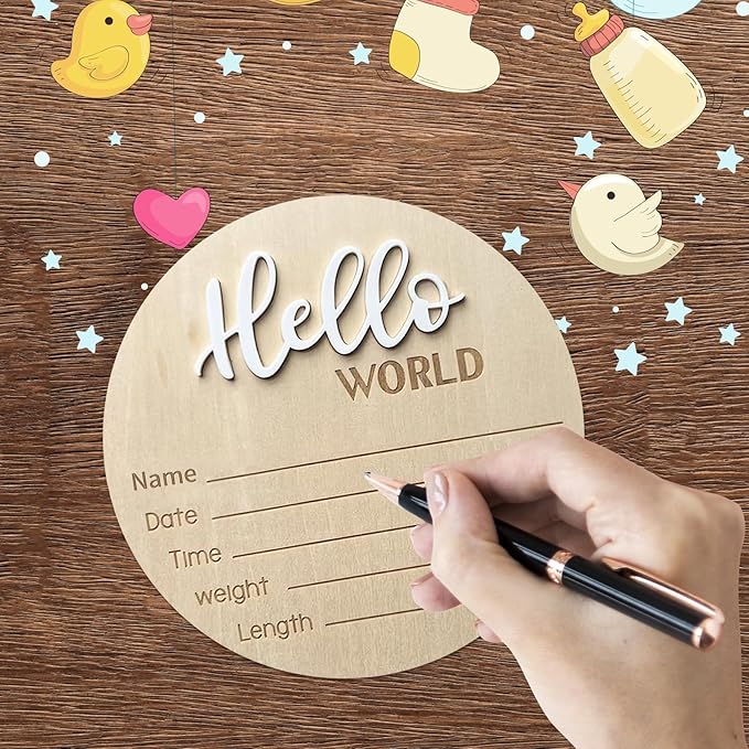 Baby Announcement Sign, 5.9 Inch Wooden Hello World Newborn Signs, Birth Announcement Sign, Baby Shower Hospital Nursery for Newborn Boys and Girls (White,Pen)