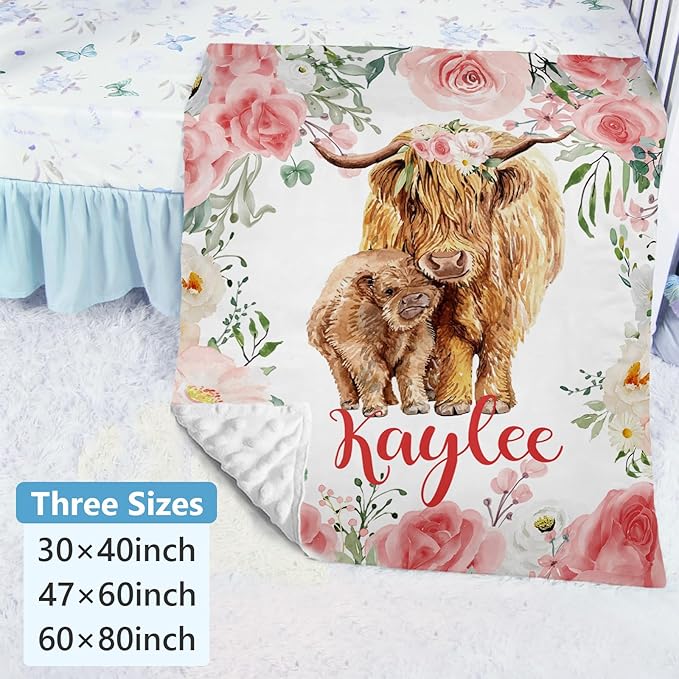 Personalized Baby Crib Bedding Set, Custom Name Blanket with Dotted Backing, 5 Piece Custom Gift Highland Cow Crib Bed Set for Baby Infant Shower Birthday, Floral Crib Bedding Gifts Style11