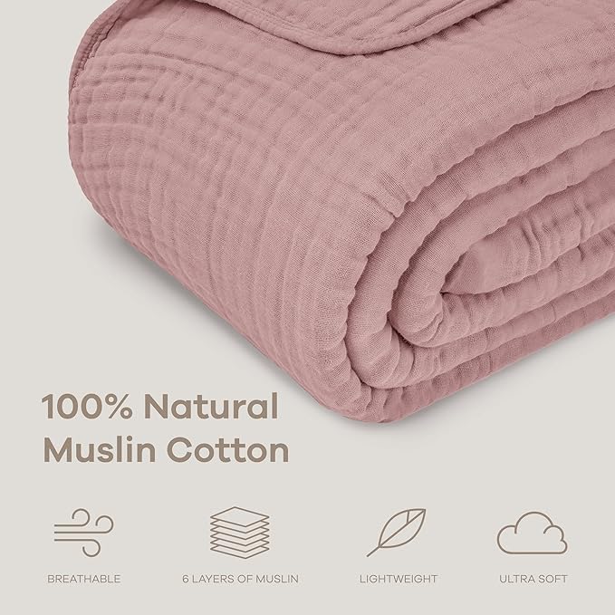Comfy Cubs Muslin Blanket for Adults King 108" x 90" - 6 Layer Soft, Breathable & Lightweight Muslin Adult Blanket - Machine Washable & Designed in The US Bedding for All Seasons - Mauve