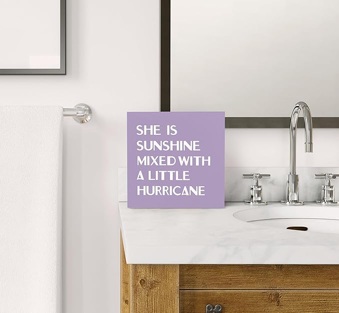SRADMO She Is Sunshine Mixed with a Little Hurricane Boho Purple Wood Box Sign Desk Decor, Baby Girls Inspirational Wooden Box Decor for Girls Room Nursery Shelf Table Decoration, 8x8 Inches
