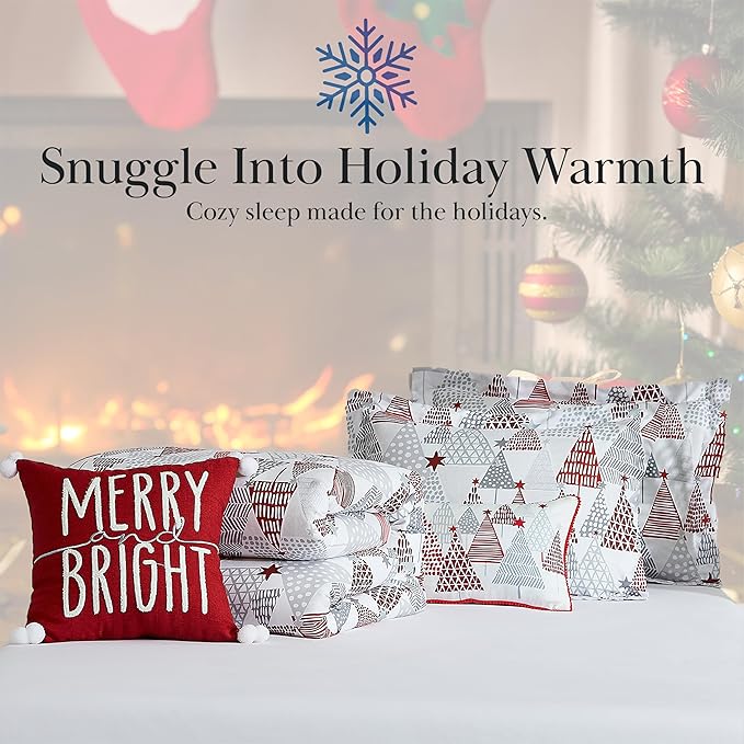Southshore Fine Living, Inc. 5-Piece Reversible Christmas Comforter Set Twin/Extra Long, Red, Grey & White Christmas Bedding Twin, 1 Matching Sham, 3 Throw Pillows, Holiday Bedding - Merry & Bright