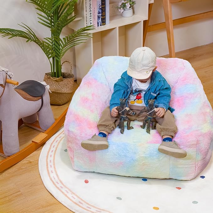 Bean Bag Chairs for Kids, 27" Modern Rainbow Colors Beanbag Sofa with Sponge Filling & Comfy Soft Faux Fur, Kids Teens Bean Bags Chair Sofa for Bedroom, Living Room (Colorful)