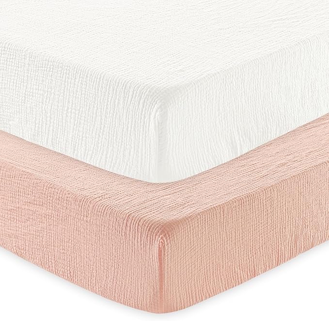 david's kids Muslin Crib Sheets for Girls, 2 Pack 100% Cotton Soft Breathable Fitted Baby Sheet Set, Standard 52"x28" Crib and Toddler Mattress, Snow White & English Rose