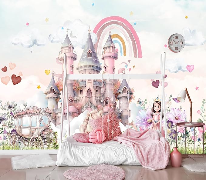 XMPMBM-Pink Cartoon Citadel Nursery Room Fabric Wallpaper Girls Bedroom Wall Mural-W 88" X H 59"（36 Square Foot）