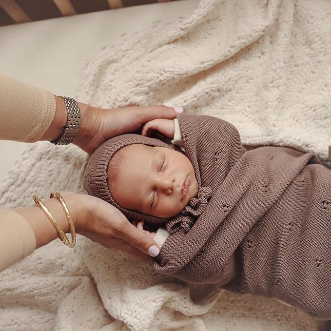 Organic Unisex Pointelle Receiving Swaddle Blanket for Boys & Girls - 100% Luxury Organic Soft Cotton Knit Warm Cozy Cuddle Stroller Blanket for Newborns, Infants, & Toddlers (Mocha)