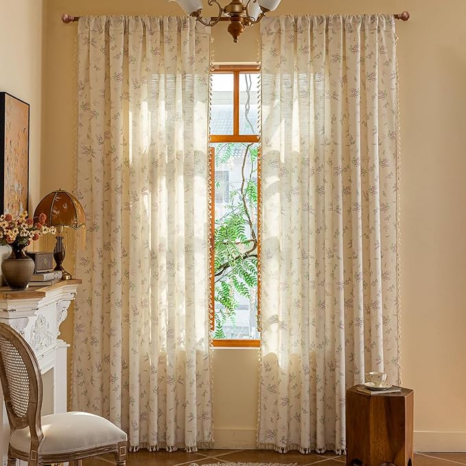ENJOYBRIDAL Purple Floral 96 Inch Curtains for Living Room Decor Drapes Semi Sheer Bedroom Rod Pocket Long Window Curtains 2 Panels Tassel Aesthetic Farmhouse Cute Boho Window Treatments