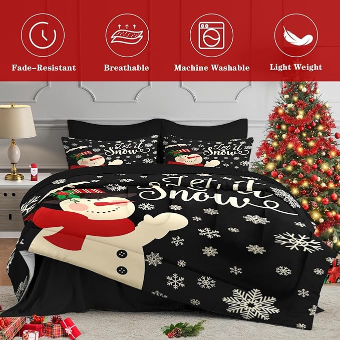 7 Pcs Full Size Christmas Comforter Set with 2 Pillowcases & 2 Shams, Black Cartoon Snowman Bedding for Kids and Adults, Retro Snow Scene Bed in a Bag with Flat Fitted Sheet