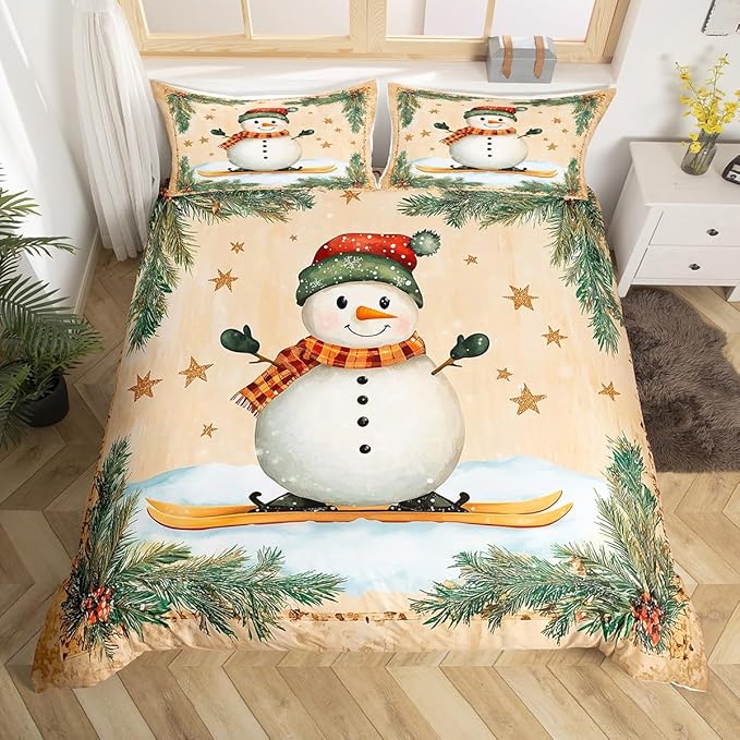 Manfei Christmas Kids Duvet Cover Set King Size, Cute Snowman Bedding Set for Boy Girl Room Decor, New Year Holly Leaf Print Comforter Cover, Lightweight Bedspread Cover, 2 Pillowcases, No Comforter