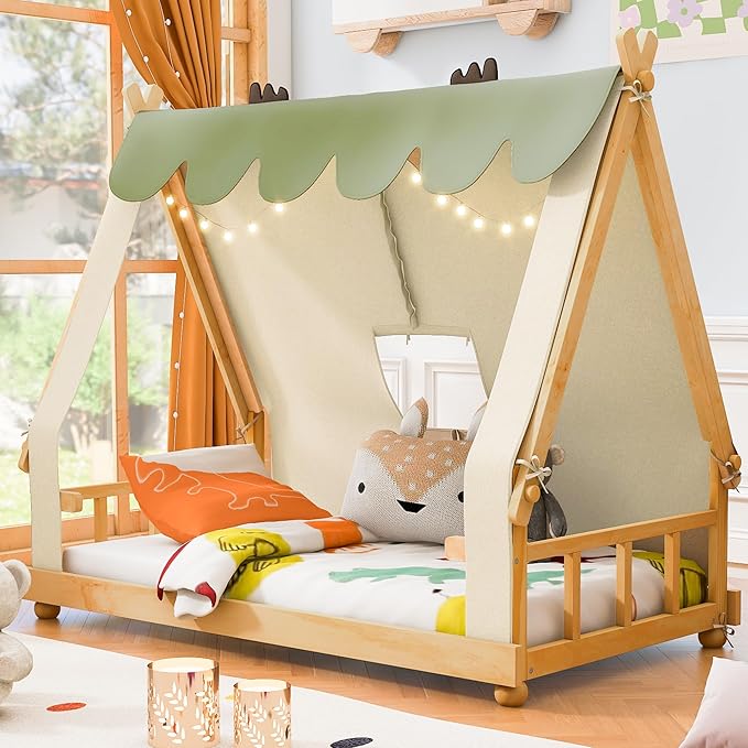 Twin House Bed for Kids with Light and Tent, Montessori Floor Bed Twin for Kids Girls Boys Teens Bedroom, White