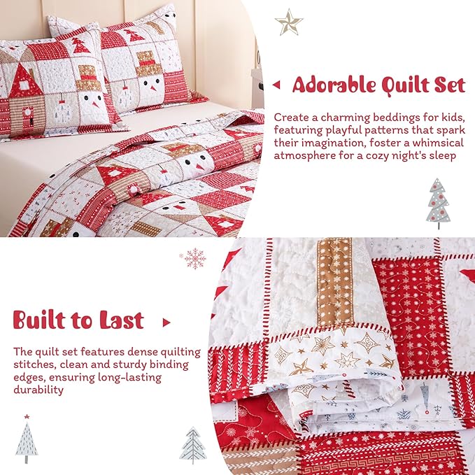 JSD Kids Christmas Quilt Set Full/Queen, Patchwork Christmas Bedding 3 Piece, Soft Microfiber Bedspread Coverlet Holiday Quilted Blanket