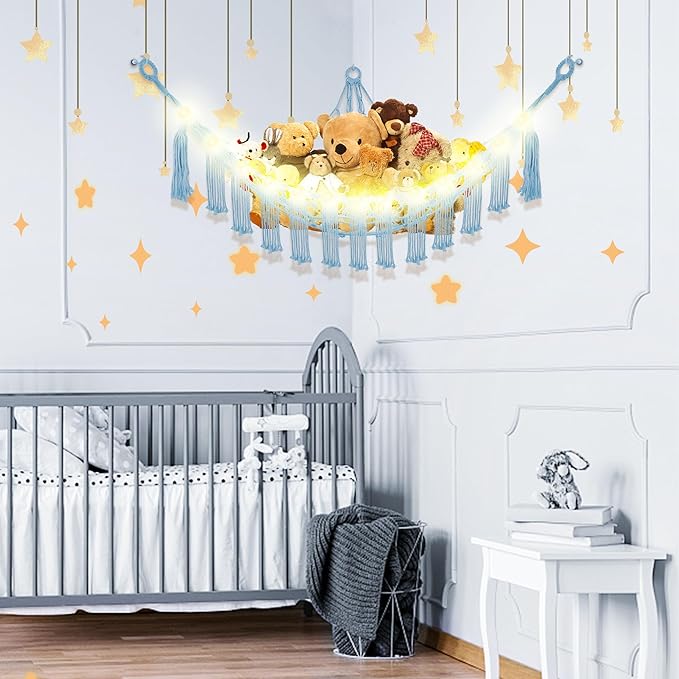 Stuffed Animal Hammock with LED Light, Large Stuffed Animals Storage Corner Plushie Net for Kids Room Decor, 2 Packs Baby Blue