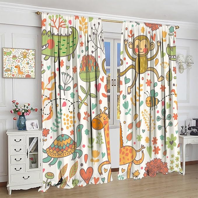 Cute Monkeys Curtains, Zoo Theme Cartoon Funny Animals Crocodile Giraffe Turtle with Flowers Print Thermal Insulation Window Drapes for Kids Boys Girls Baby Bedroom Living Room 84x84in
