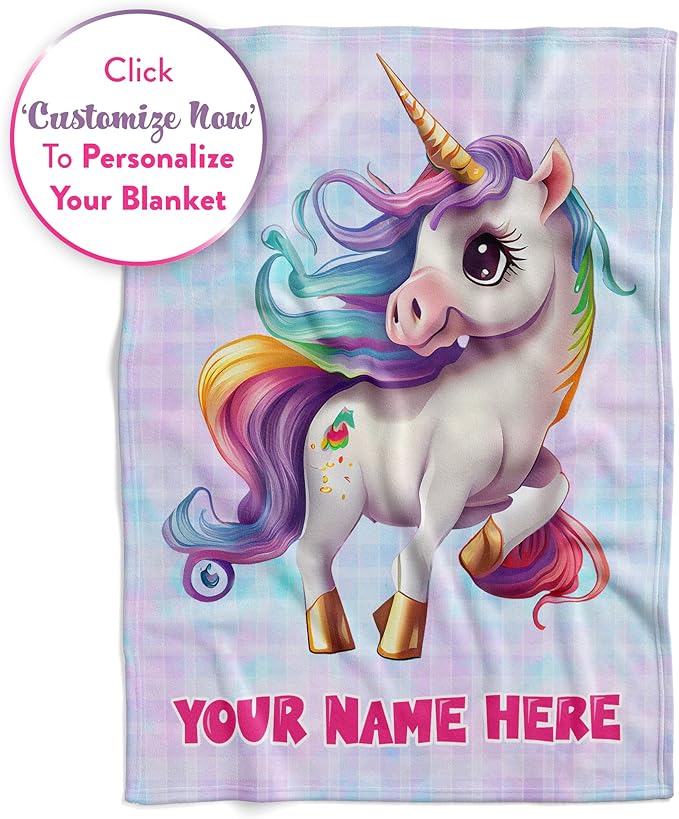 Personalized Baby Unicorn Throw Blanket for Girls with Custom Name, Prancing Pony with Rainbow Mane and Tail, Cute Nursery Room Decor, Soft Plush Toddler Bedding for Babies, (Fleece 60x80)