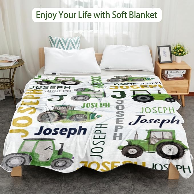 Custom Tractor Blanket with Name for Boys Girls Kids, Personalized Name Blanket Trucks, Soft Flannel Blankets Customized Gift for Children Day Birthday Christmas-40 x50