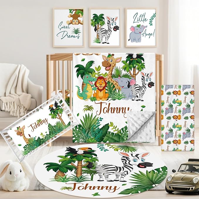 Personalized Baby Crib Bedding Set, 5 Pcs Custom Name Nursery Bedding Set for Girls Boys, Jungle Animals Baby Crib Set for Toddlers Infants, Double Layer Bedding Crib Sets Customized Gifts