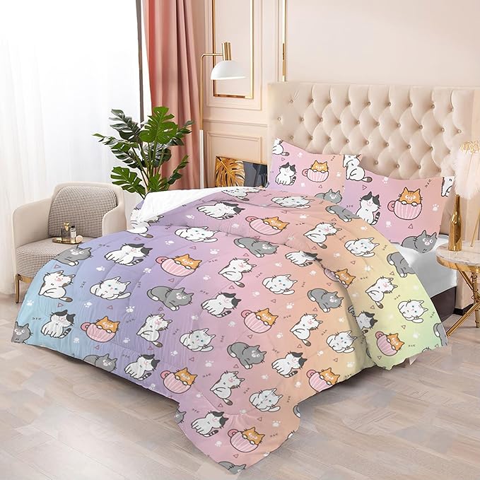 Cat Comforter Set Queen: Colorful Cartoon Cats Bedding Set Cute Kitten Rainbow Feline Quilt 3 Piece for Women Girls Teens Adults 1 Comforter & 2 Pillowcases