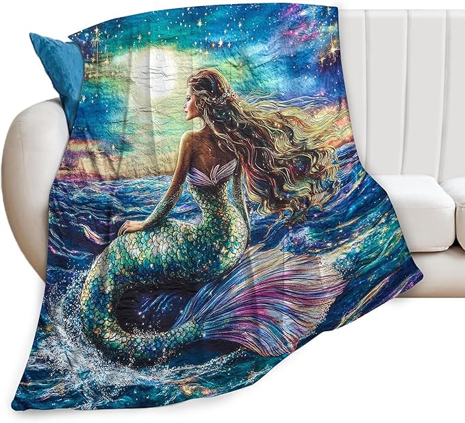 Mermaid Blanket Navy Mermaids Gifts for Girls Boys Woman Kids Ocean Mermaid Lover Coastal Throw Blankets Soft Blanket Warm Fleece Flannel Plush Blankets for Bed Sofa Couch 40"x50"
