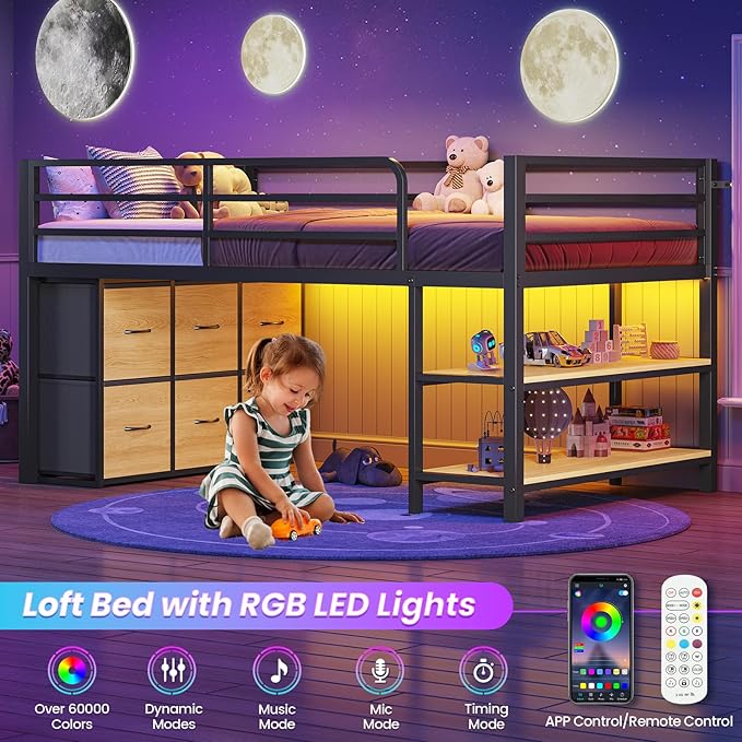 BTHFST Low Loft Bed Twin Size with 6 Storage Drawers, LED Lights, 2 Tier Storage Shelves, Kids Metal Loft Bed with 15" H Stairs & Safety Guardrail, Spave Saving, Black & Natural