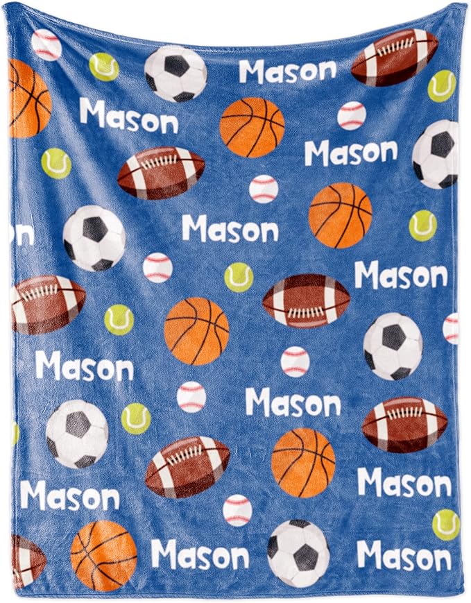 Personalized Ball Blanket with Name for Boys, Custom Kids Ball, Soft Flannel Toddler Customized Gift Birthday Christmas Baby Shower Newborn 30'' X 40'', 6-balls-blue