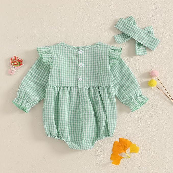 Karuedoo Newborn Baby Girl Clothes Gingham Plaid Bubble Romper Long Sleeve Ruffle Bodysuit with Headband Spring Fall Outfit