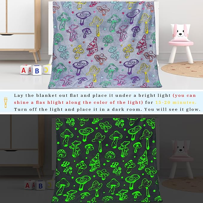 Glow in The Dark Blanket Mushroom Blanket for Kids Adults Soft Flannel Throw Blankets Colorful Luminous Mushroom Blankets for Sofa Couch Living Room Bed Birthday Gifts 40"x50"