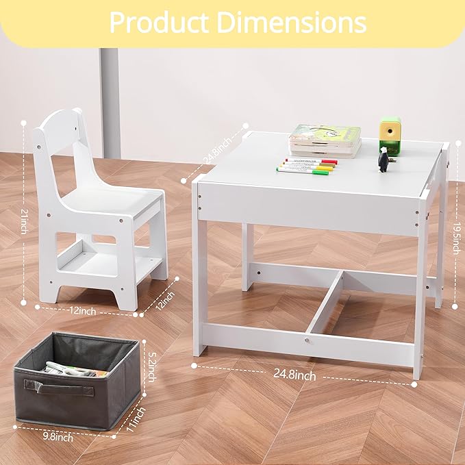 Kids Table and Chairs Set, 3 in 1 Wooden Toddler Table with Storage Drawer and Detachable Tabletop, for Children/Toddler/Baby Drawing Reading Playing, White and Gray