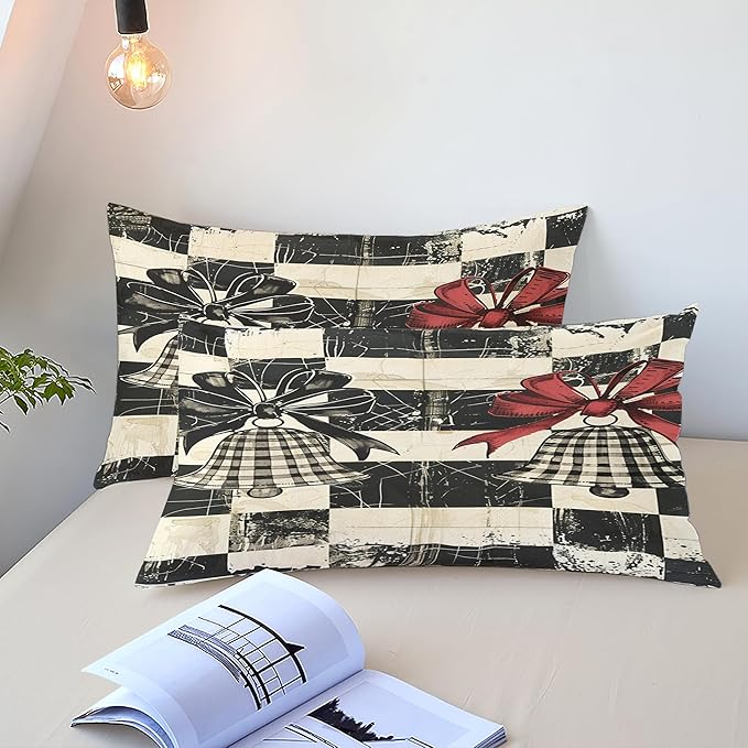 Christmas Duvet Cover Twin Size Retro Christmas Bell Gingham Bedding Set Kids Boys Girls Xmas Happy Holiday Checked Pattern Comforter Cover 2 Pcs with Zipper Closure (No Comforter)