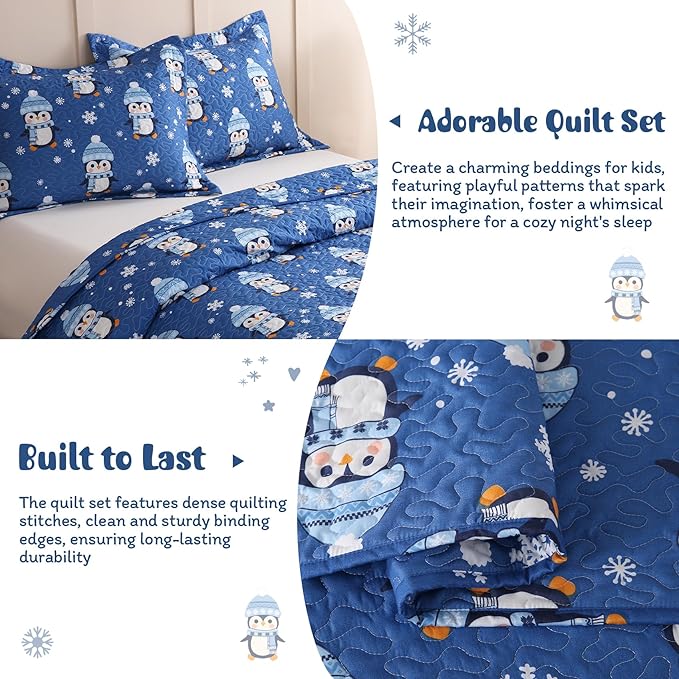 JSD 3 Pcs Kids Christmas Quilt Set Full/Queen, Blue Penguin Christmas Theme Bedding, Soft Microfiber Bedspread Coverlet Holiday Quilted Blanket