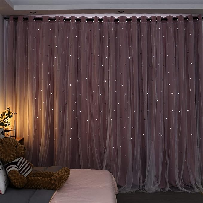 Kinryb Princess Curtains for Girls Bedroom with Sheer Overlay,Double Layer Curtain for Living Room with Star Cutout, Curtains for Kids Room (70 W*95 L Inches,2 Pcs Pink)