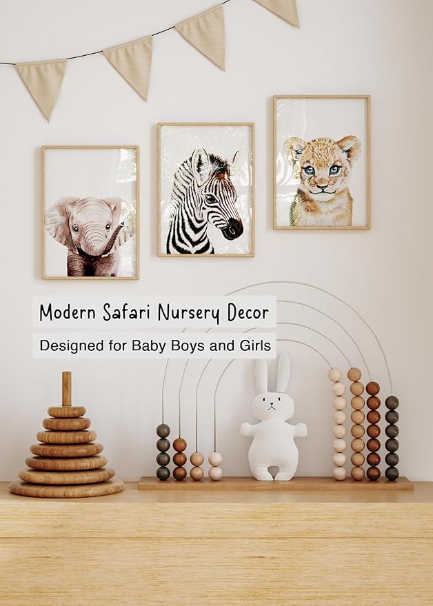 KIU DESIGNS Nursery Wall Art - Unframed Safari Nursery Decor - Set of 6 Animal Wall Decor Gift for Baby - Safari Portrait - 8"x10"