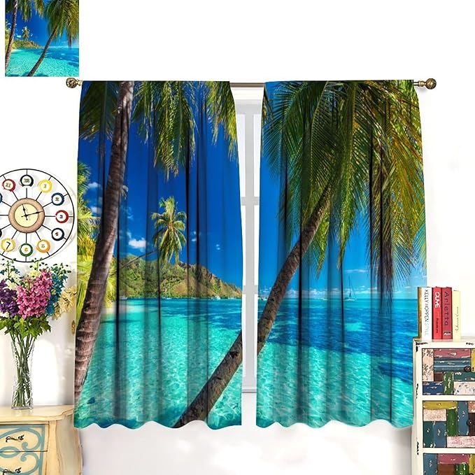 Ocean Beach Curtains,Sunshine and Beach Hawaiian Seaside Scene Pattern Blackout Print Home Bedroom Living Room Window Treatments 2 Panel Set 42x63 Inch