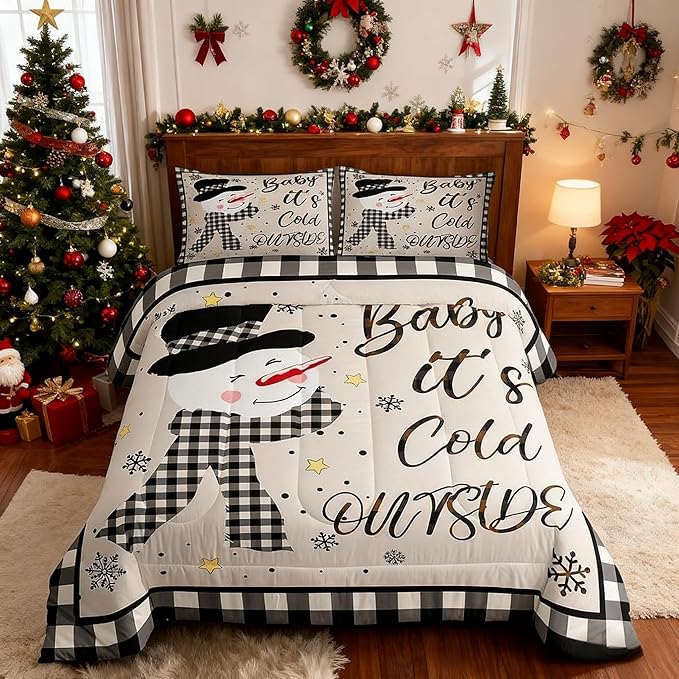 Kids Christmas Snowman Comforter Set Twin Size,Snowflake Winter Bedding,Girls Boys Adults Bedroom/Xmas Cabin Decor,Geometric Grids Lattice Down Comforter,Rustic Vintage Duvet Insert,1 Pillowcase